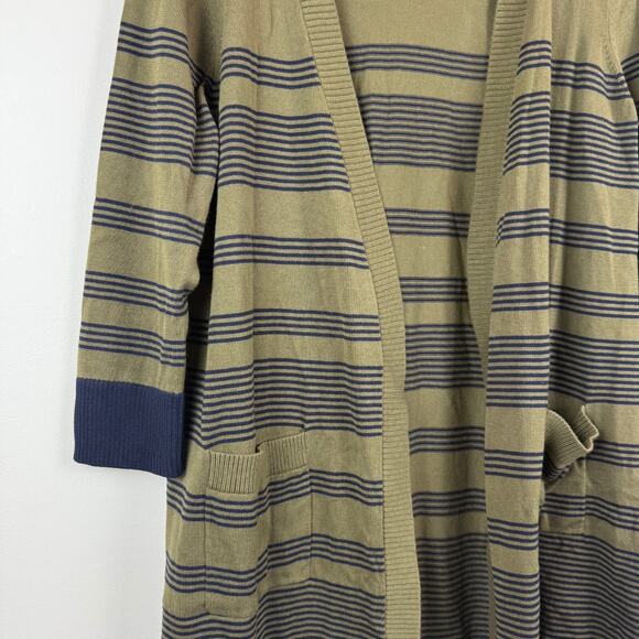 Talbots Cardigan Womens Medium Petite Green Striped 100% Pima Cotton Open Long - Picture 4 of 8